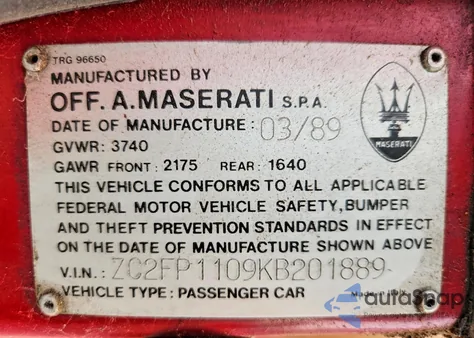 1989 Chrysler Tc By Maserati z USA, uszkodzony, nr VIN ZC2FP1109KB201889